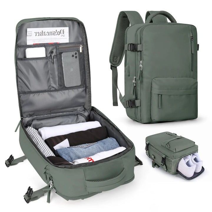 Sac à dos vert olive ouvert avec vêtements pliés et poches intérieures, vu de face avec compartiment à chaussures contenant des baskets blanches. 13