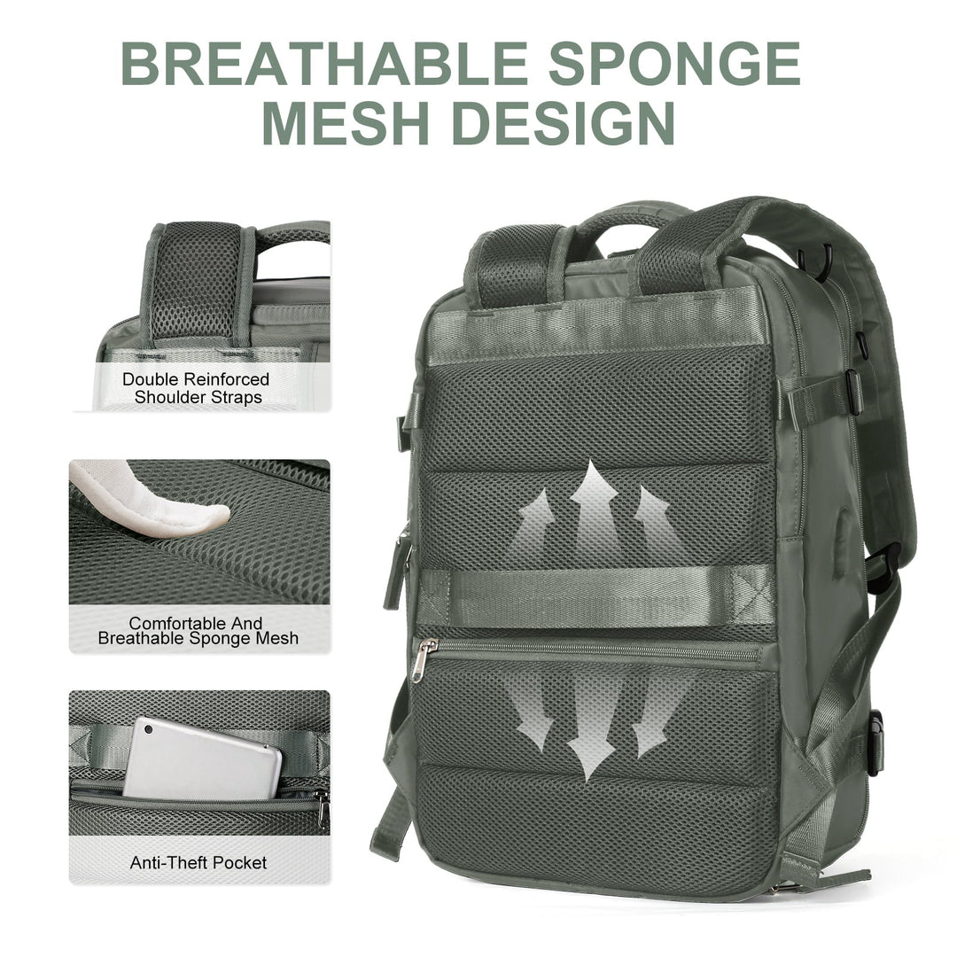 Dos vert du sac à dos avec dos matelassé en mesh aéré, bretelles renforcées et poche antivol zippée. 3