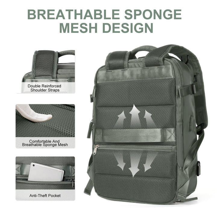 Dos vert du sac à dos avec dos matelassé en mesh aéré, bretelles renforcées et poche antivol zippée. 3