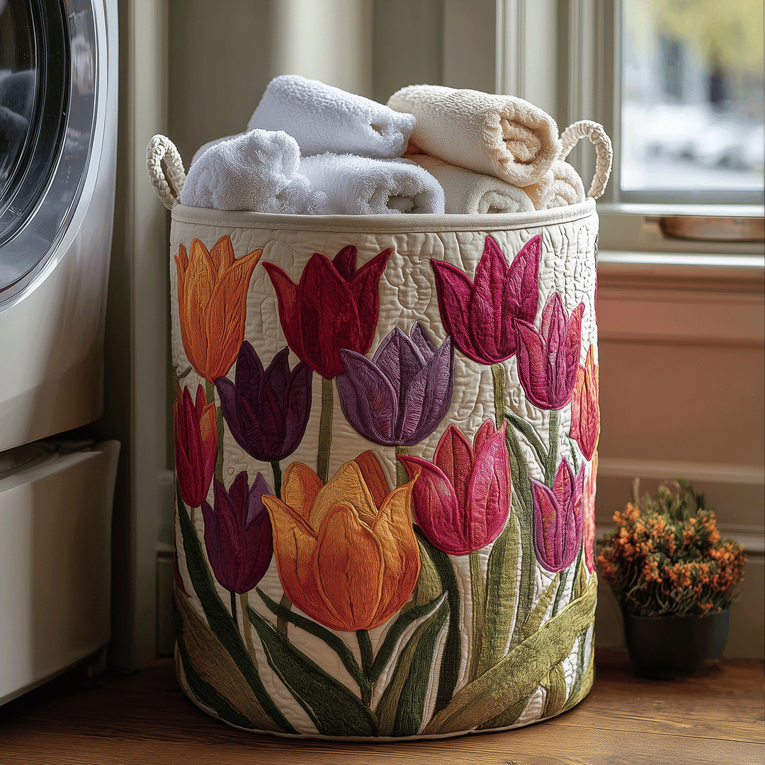 Panier matelassé crème à tulipes colorées brodées, rempli de serviettes roulées, posé près d'un lave-linge 1