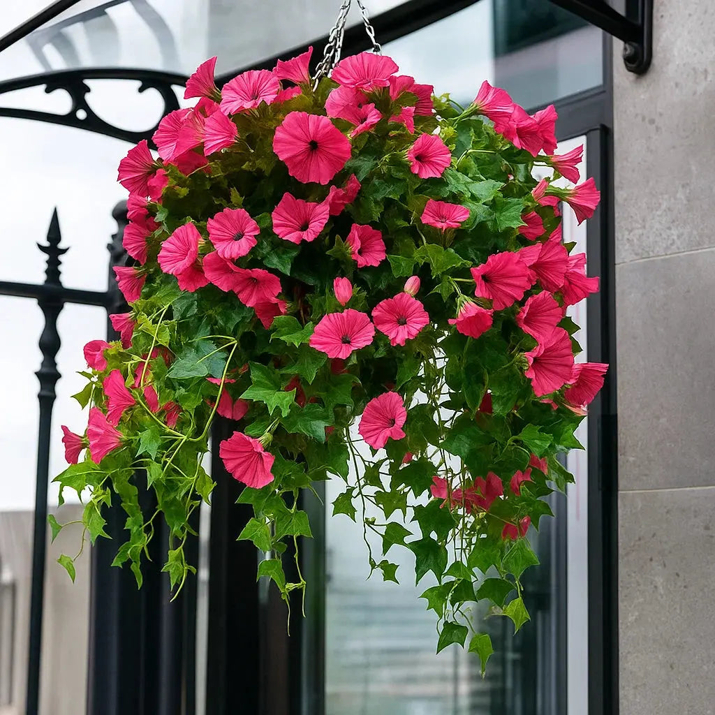 Grande suspension de fleurs artificielles roses retombantes avec feuillage vert, accrochée par une chaîne devant une porte vitrée à ferronnerie noire. 1