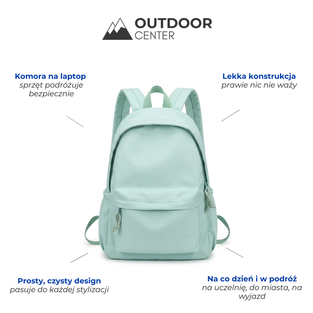 Sac à dos vert menthe de face, présenté avec des légendes sur la poche pour ordinateur et la légèreté. 2
