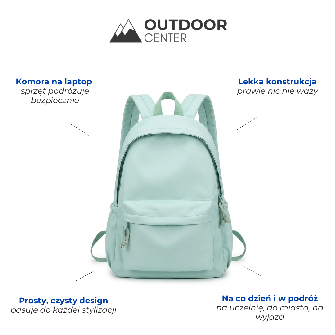 Sac à dos vert menthe de face, présenté avec des légendes sur la poche pour ordinateur et la légèreté. 2
