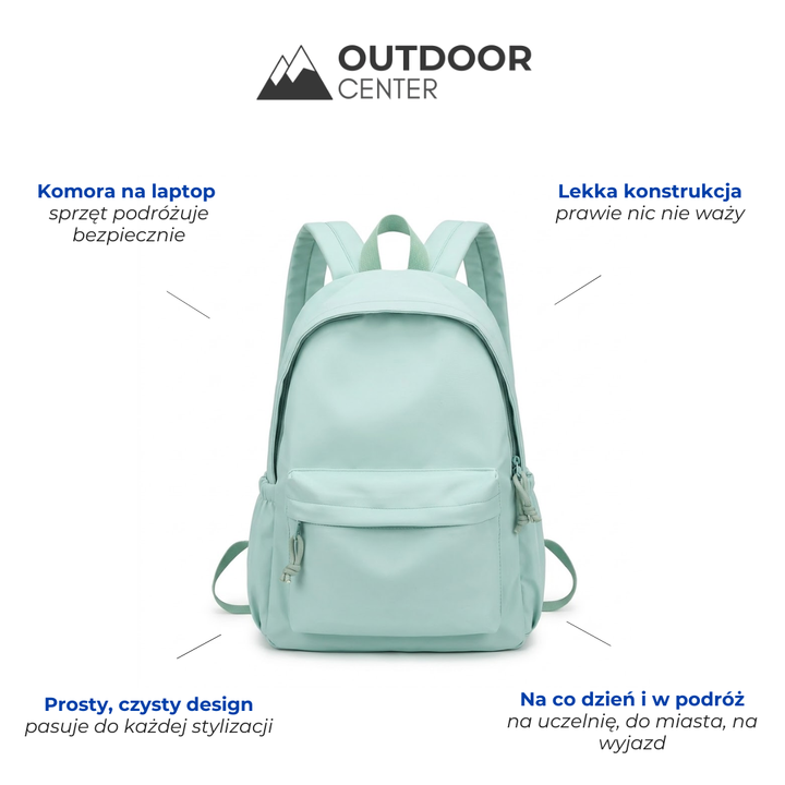 Sac à dos vert menthe de face, présenté avec des légendes sur la poche pour ordinateur et la légèreté. 2