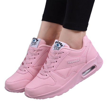 Baskets roses à lacets avec semelle à coussin d'air, portées avec un legging noir, fond blanc 1