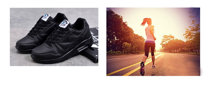Paire de baskets noires à gauche et coureuse sur une route au soleil couchant à droite 5