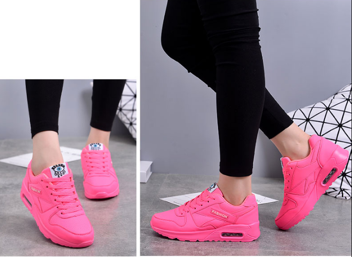 Deux vues de baskets rose vif portées avec un legging noir, de face et de profil 6