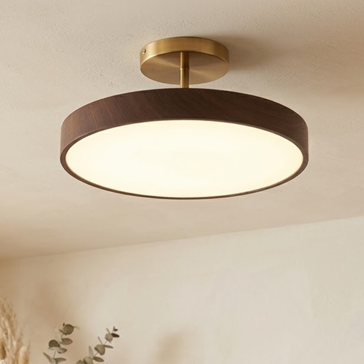 Plafonnier allumé, cadre brun veiné d'aspect noyer et platine dorée, vu en contre-plongée au plafond d'une pièce beige avec feuillage. 1