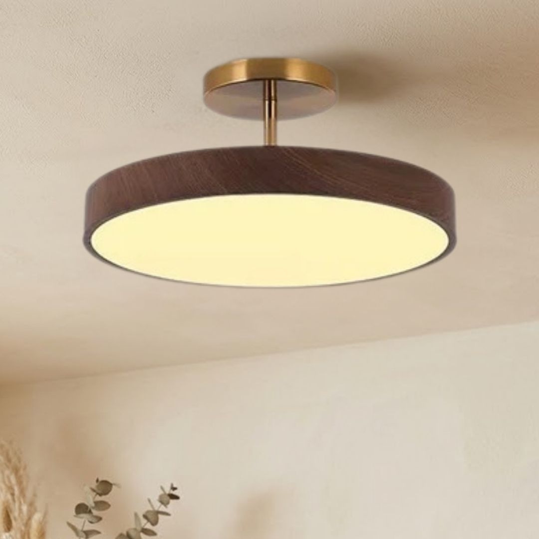 Plafonnier à cadre brun et platine dorée, éclairage blanc chaud, vu de dessous au plafond d'une pièce aux murs clairs. 3