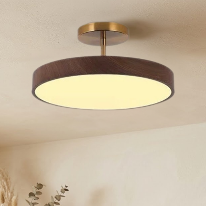 Plafonnier à cadre brun et platine dorée, éclairage blanc chaud, vu de dessous au plafond d'une pièce aux murs clairs. 3