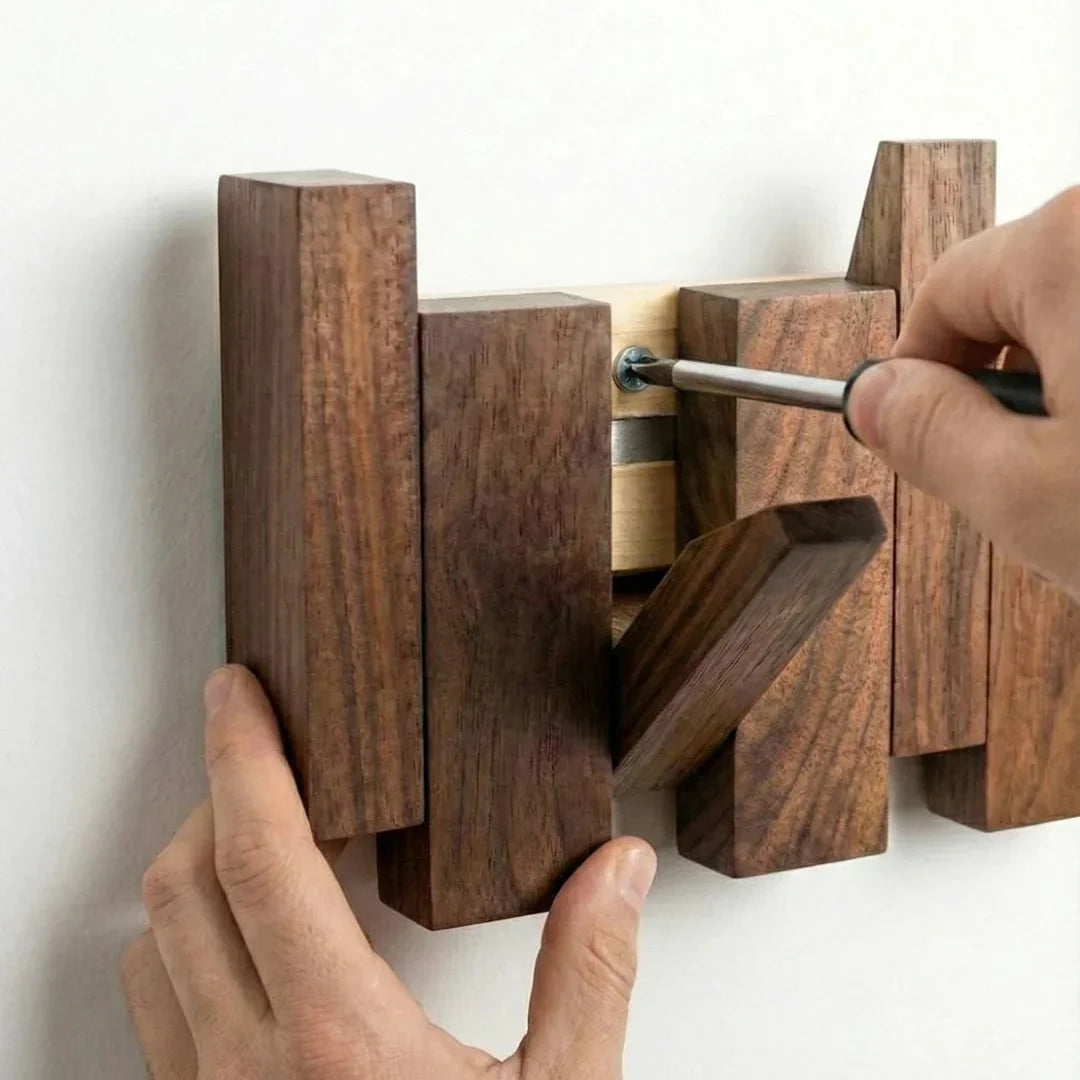 Mains fixant avec un tournevis la barre de bois sombre au mur, un crochet à moitié déplié. 4