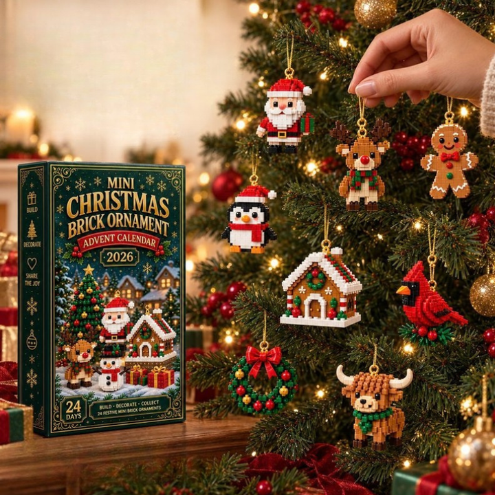 Une main accroche une figurine en briques, père NoĂ«l, renne, pain d'Ă©pice et autres, au sapin illuminĂ©, boĩte du calendrier Ă  gauche. 3