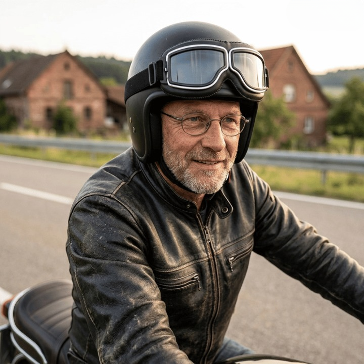 Motard d'un certain âge en veste de cuir et casque jet noir, lunettes portées sur le casque, sur une route de campagne. 1
