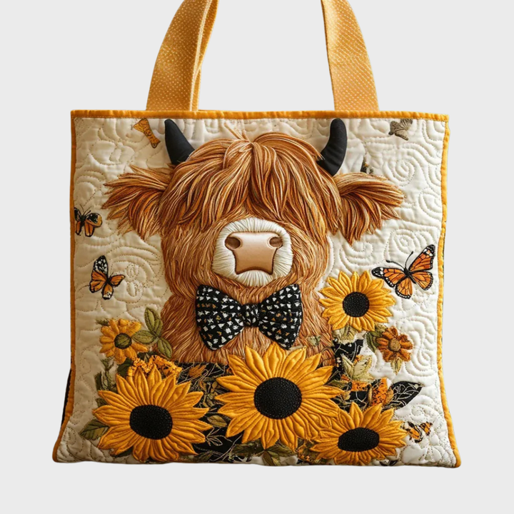 Cabas matelassé à anses jaunes, vue de face sur fond neutre, avec vache highland à nœud papillon, tournesols et papillons. 3