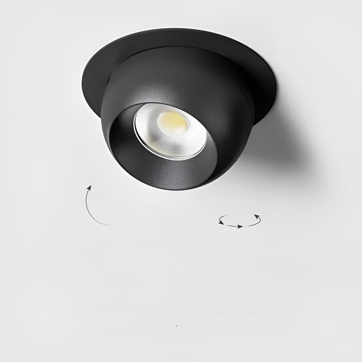 Spot noir encastré à tête sphérique allumé, avec des flèches indiquant son orientation et sa rotation possibles 5