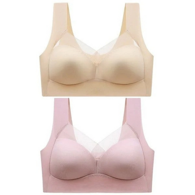 Deux soutiens-gorge présentés à plat, l'un beige et l'autre rose, avec larges bretelles et résille au décolleté. 20