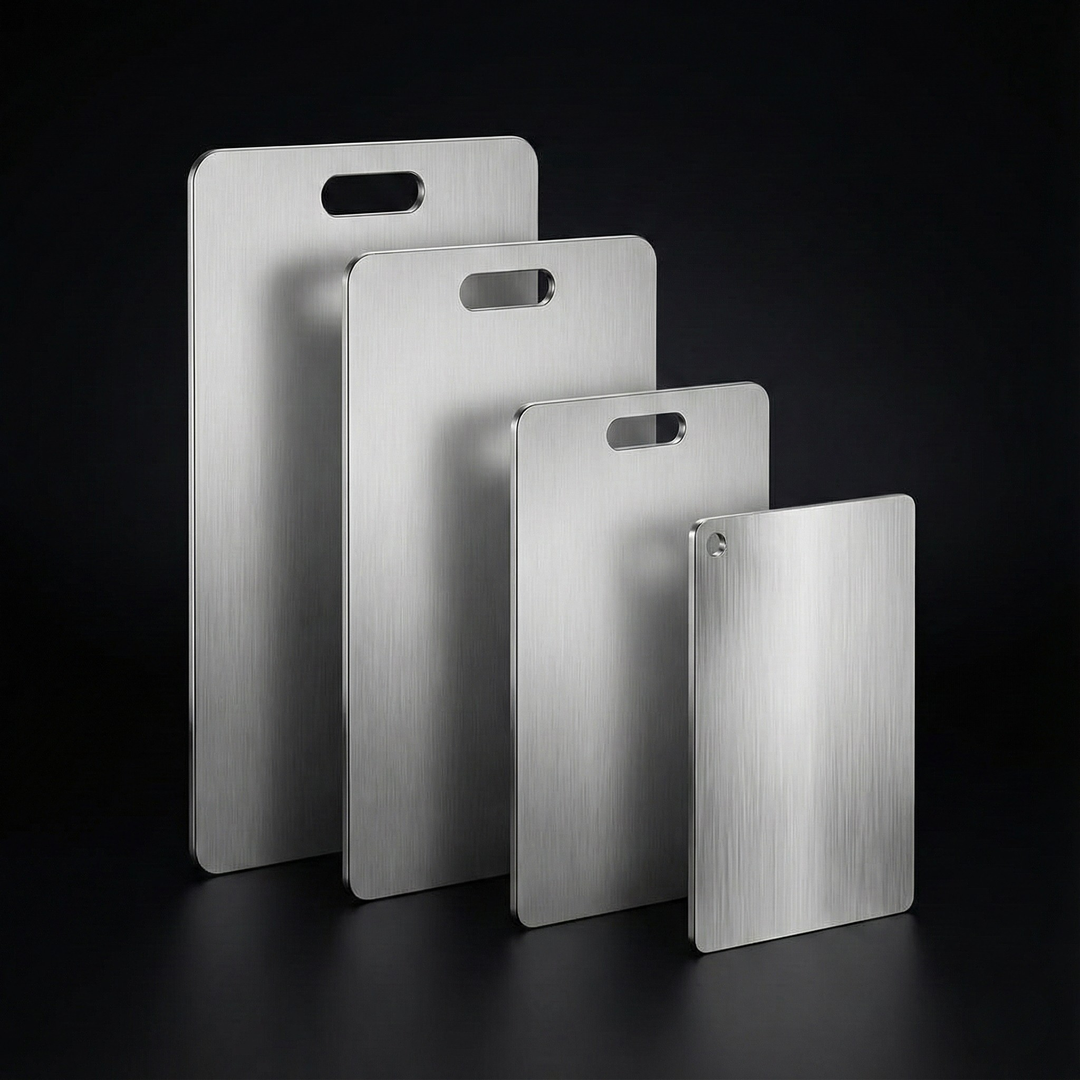 Quatre planches métalliques à surface brossée de tailles décroissantes, dressées côte à côte sur fond noir, trois avec poignée ovale et une avec trou de suspens 1