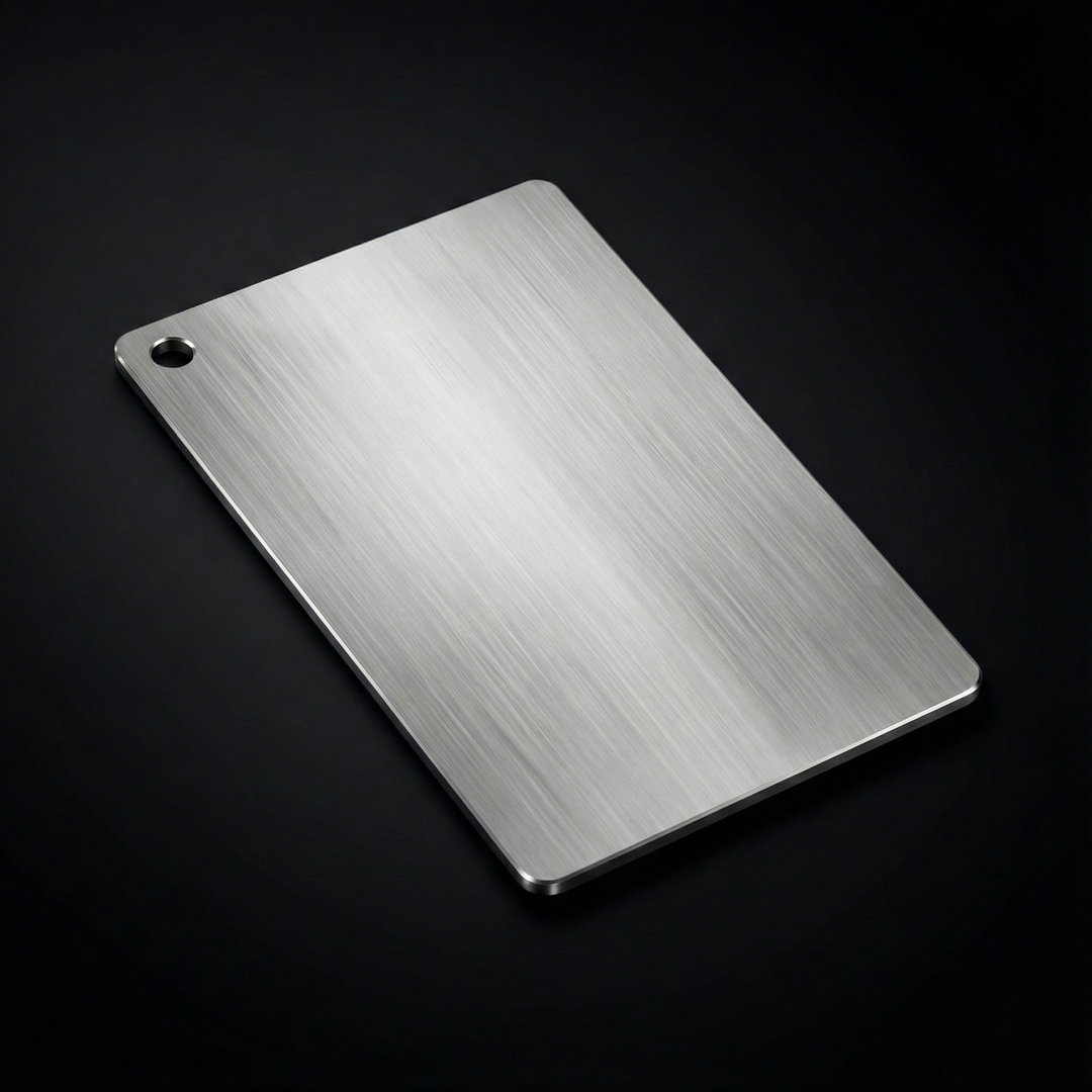 Petite planche rectangulaire en métal brossé posée à plat, avec un petit trou de suspension dans l'angle et des bords biseautés. 3