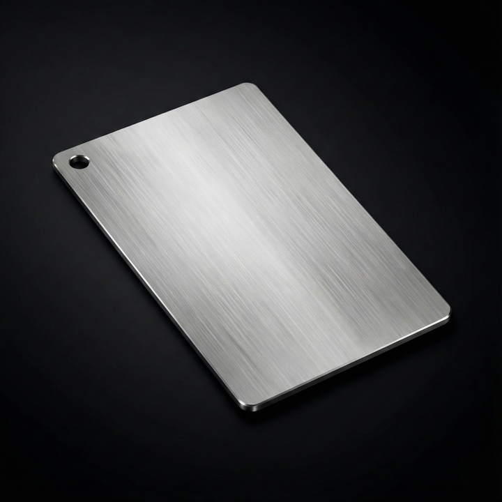 Petite planche rectangulaire en métal brossé posée à plat, avec un petit trou de suspension dans l'angle et des bords biseautés. 3