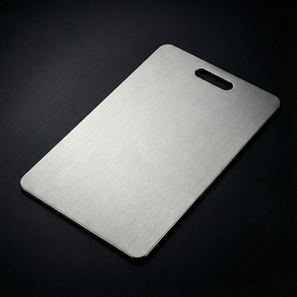 Grande planche rectangulaire en métal brossé posée à plat en vue de dessus, avec une poignée ovale découpée dans un angle. 2
