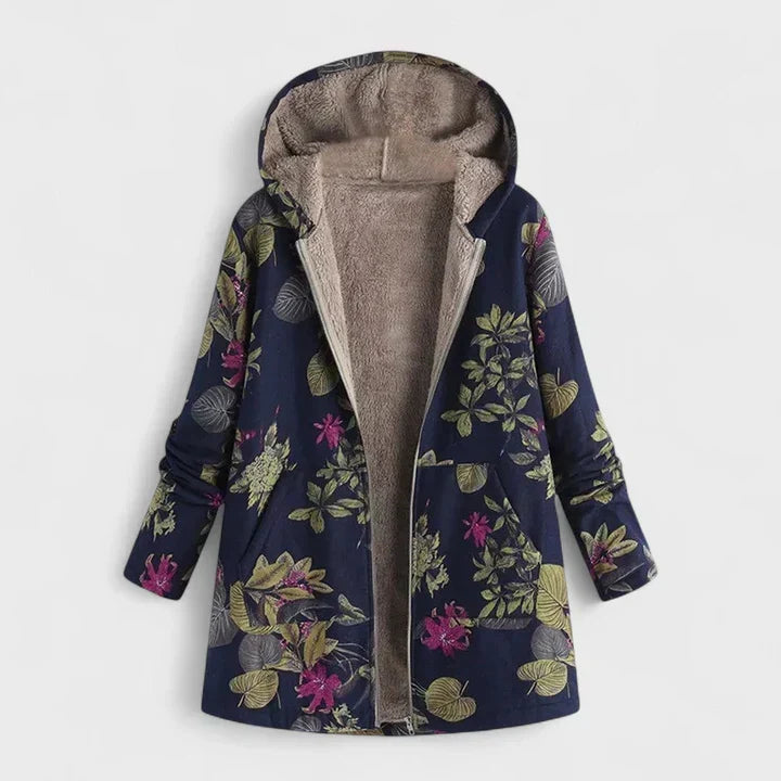 Parka à capuche bleu marine, fleurs roses et feuilles vert olive, doublure en peluche beige visible 3