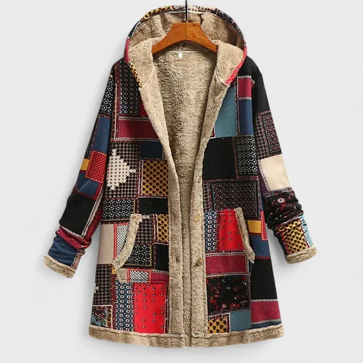Parka boutonnée en patchwork multicolore rouge, bleu, noir et jaune, bordée de peluche beige, sur cintre 5