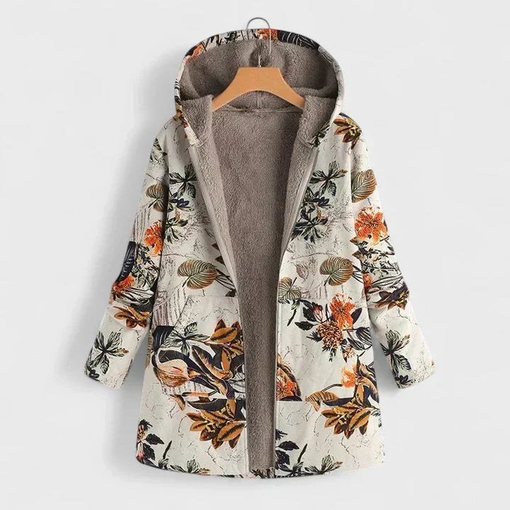 Parka à capuche doublée de peluche, fond écru, grandes feuilles et fleurs orange, sur cintre 1