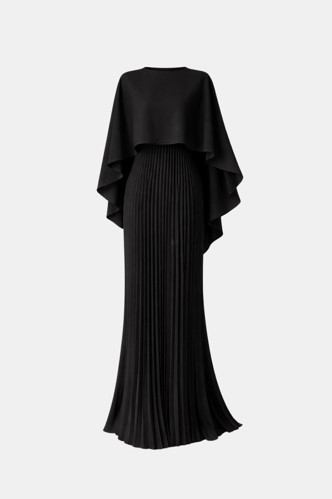 Robe noire présentée seule sur fond clair, cape asymétrique et jupe plissée évasée 7