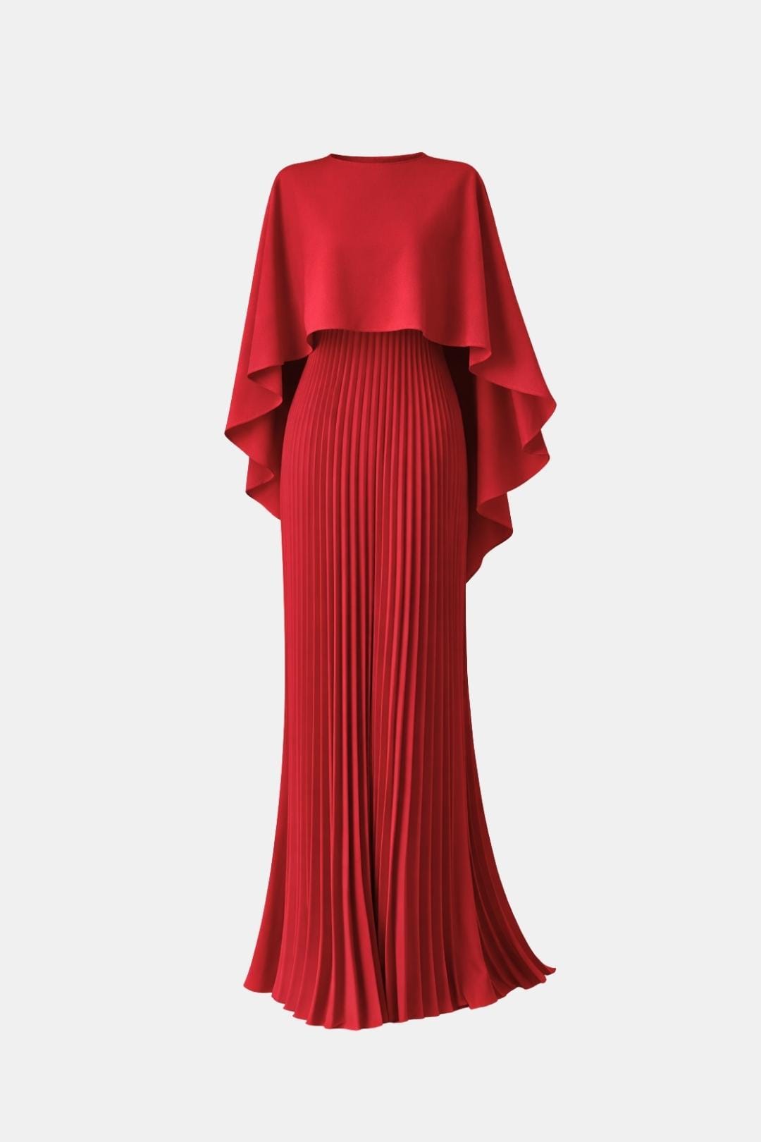 Robe rouge présentée seule sur fond clair, cape fluide et jupe plissée évasée 9