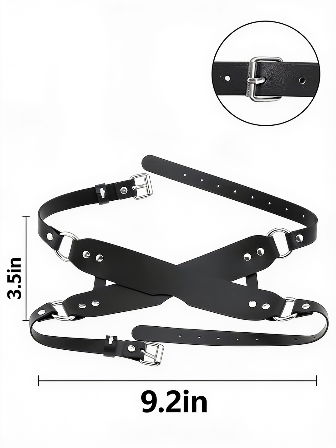 Masque à plat avec dimensions indiquées et zoom sur une boucle métallique réglable 5
