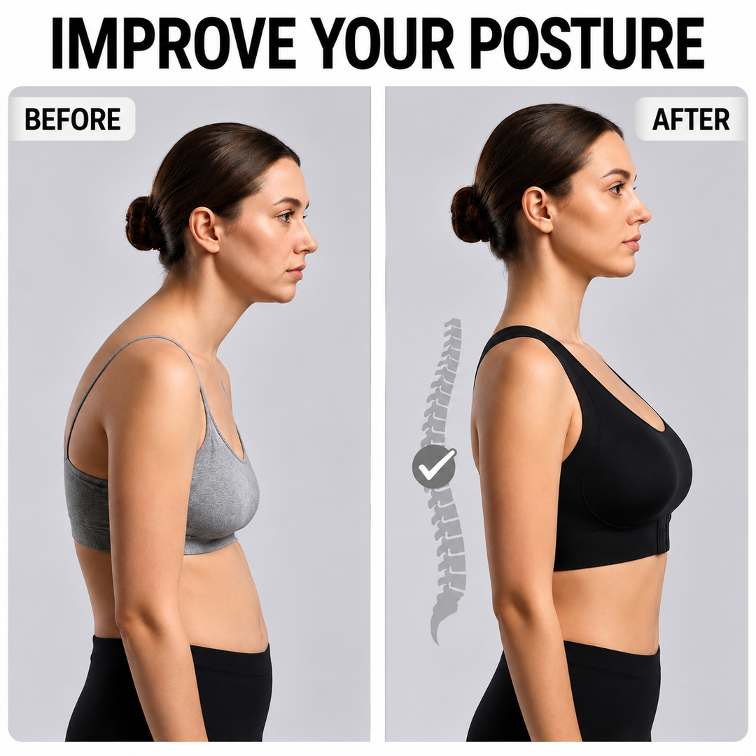 Comparaison de profil d'une femme avant avec un haut gris voûtée, puis après avec le soutien-gorge noir, le dos plus droit. 6