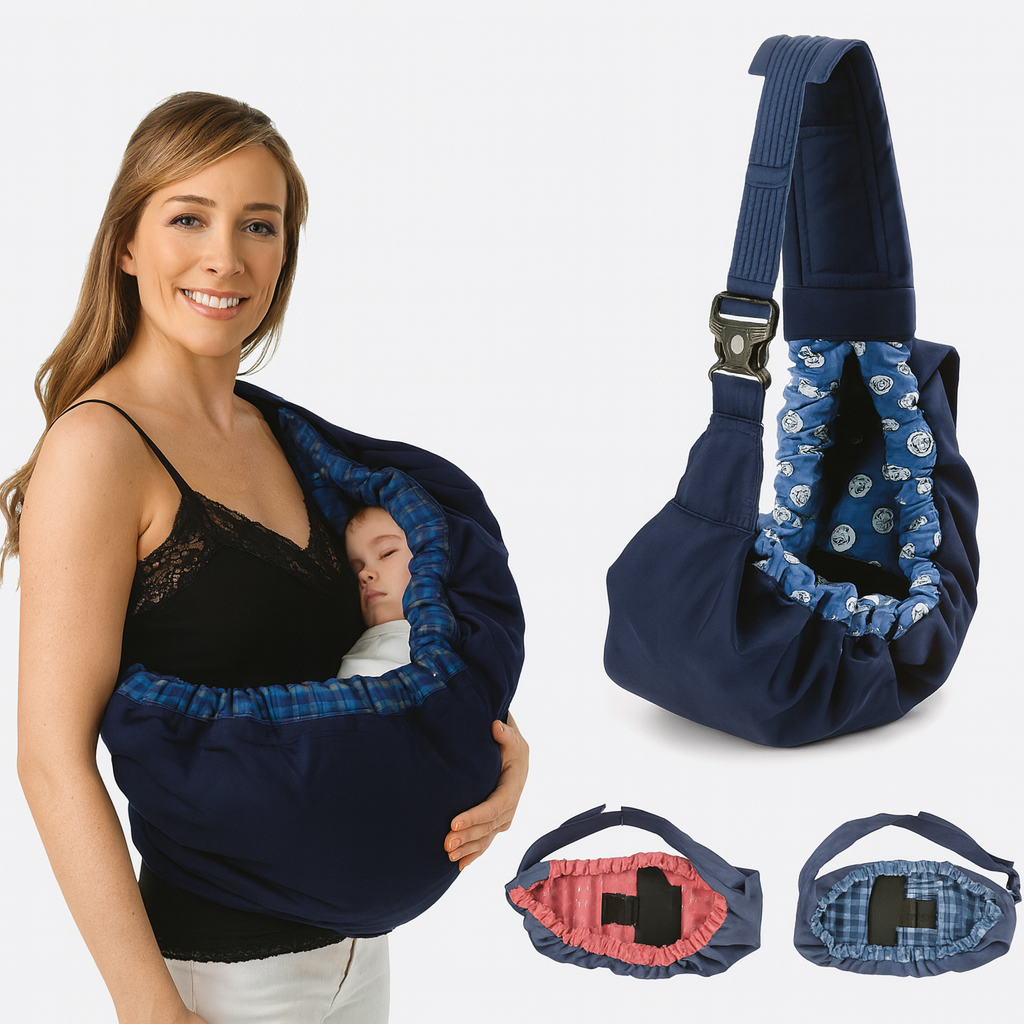 Femme souriante portant un bébé endormi dans l'écharpe bleu marine, avec vues du modèle et de l'intérieur 1