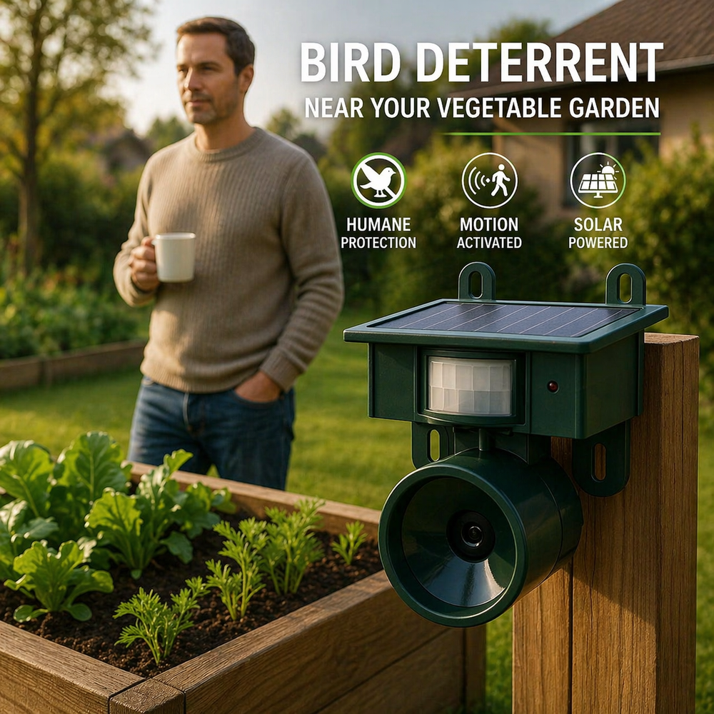 Répulsif vert fixé sur un poteau près d'un potager en bac, avec un homme tenant une tasse en arrière-plan. 2