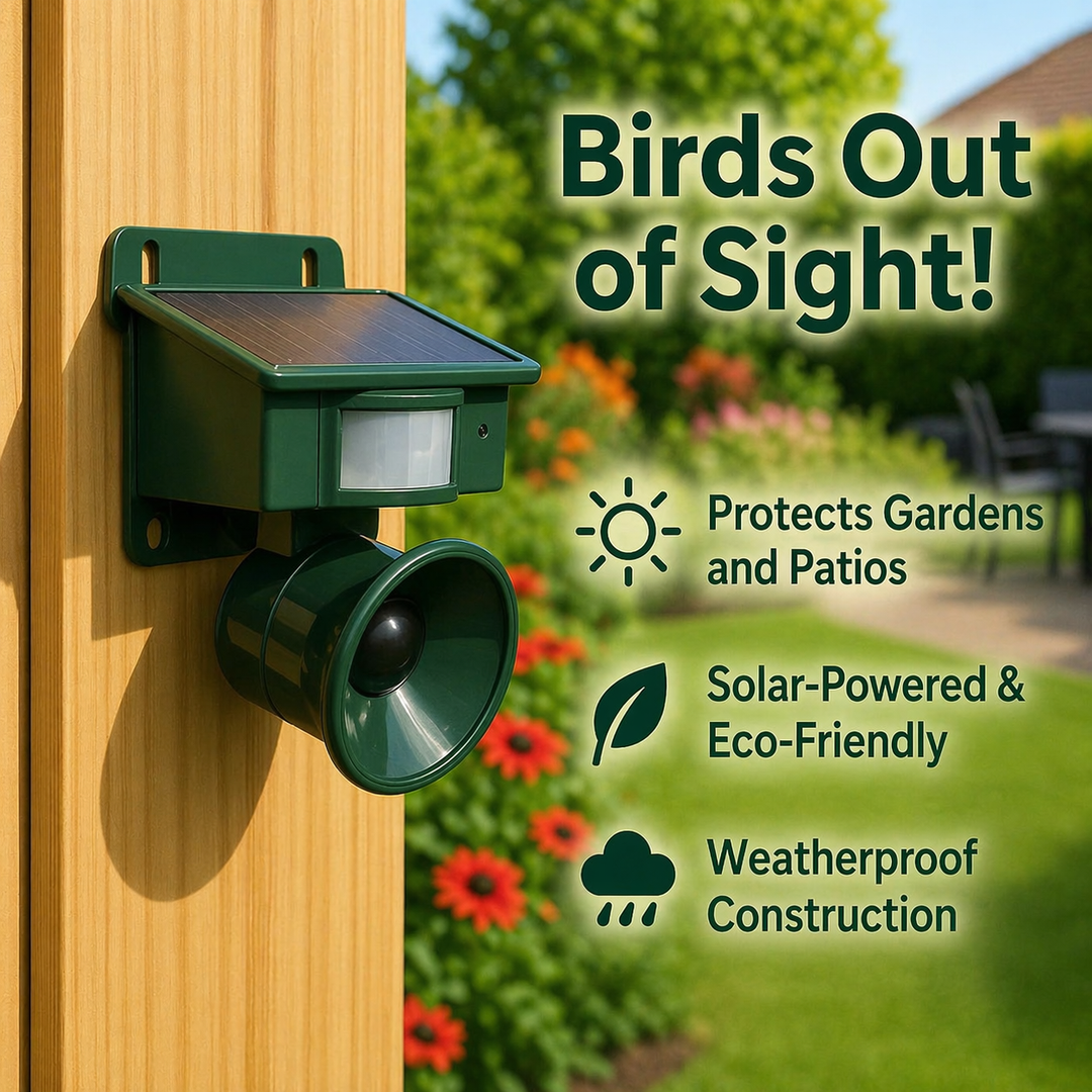 Répulsif vert vissé sur un poteau en bois, panneau solaire incliné et détecteur visibles, devant un jardin fleuri. 3