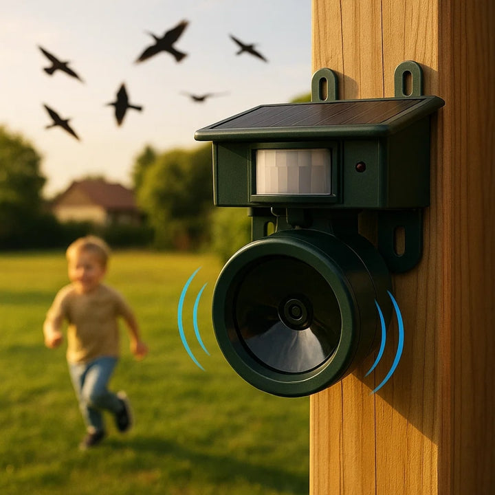 Appareil vert fixé sur un poteau en bois, ondes sonores bleues, oiseaux en silhouette et enfant qui court sur la pelouse. 4