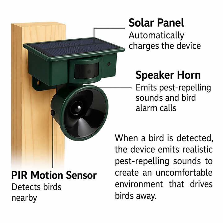 Schéma légendé du répulsif sur un poteau, repérant le panneau solaire, le détecteur de mouvement et le haut-parleur en cornet. 9