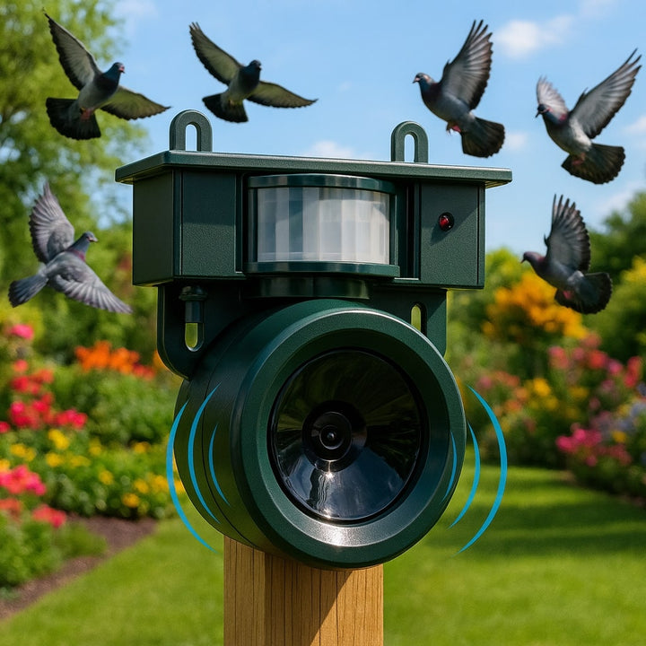 Boîtier vert monté sur un poteau en bois dans un jardin fleuri, des pigeons s'envolant autour et des ondes sonores bleues. 1