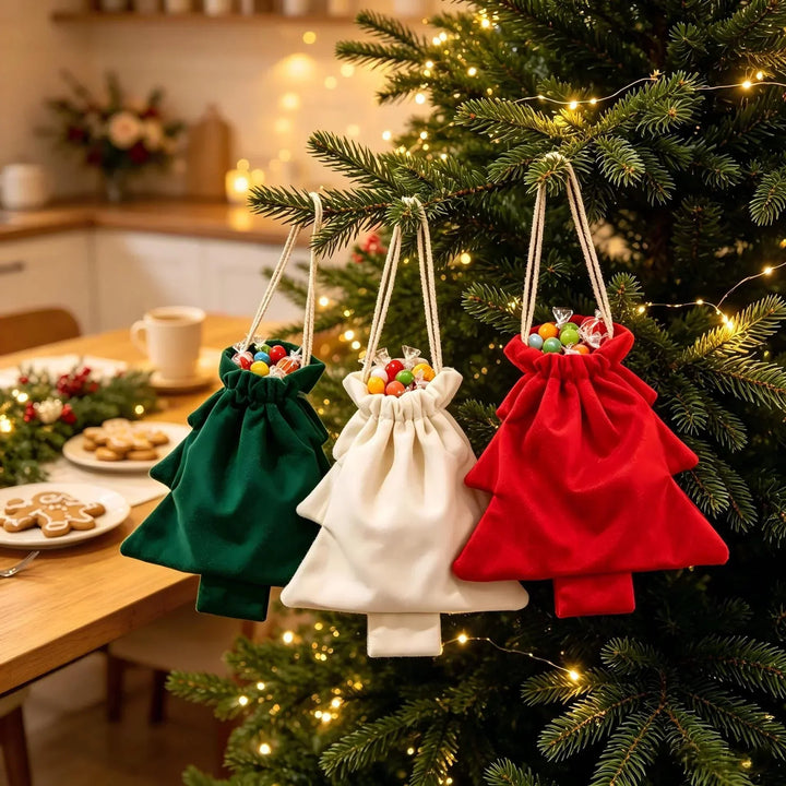 Trois sacs en forme de sapin remplis de bonbons, accrochés au sapin près d'une table de biscuits 2