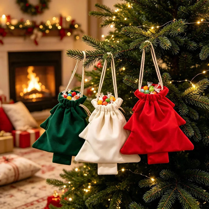 Trois sacs de velours remplis de bonbons, pendus au sapin devant un feu de cheminée 3