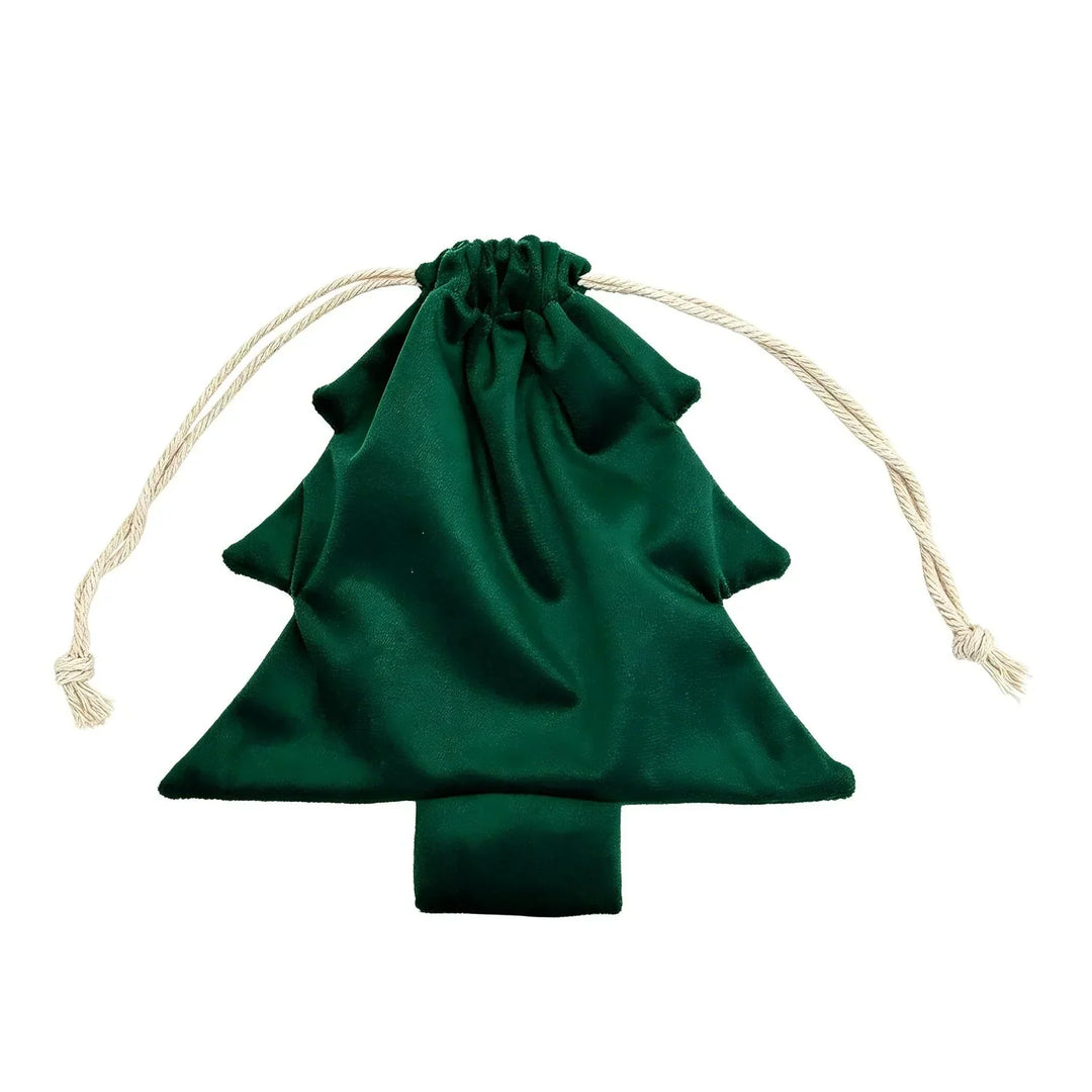Sac vert foncé en forme de sapin, cordon en coton beige, présenté à plat sur fond blanc 6
