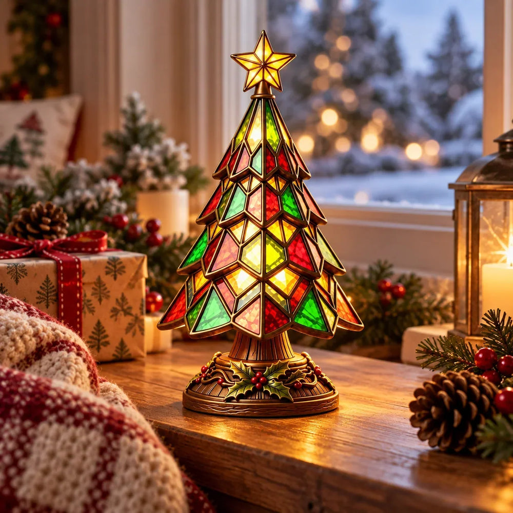 Sapin lumineux en verre coloré sur un rebord de fenêtre enneigé, entouré de pommes de pin 2