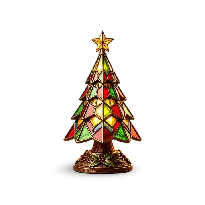 Sapin en verre coloré surmonté d'une étoile, base ornée de houx, sur fond blanc 3