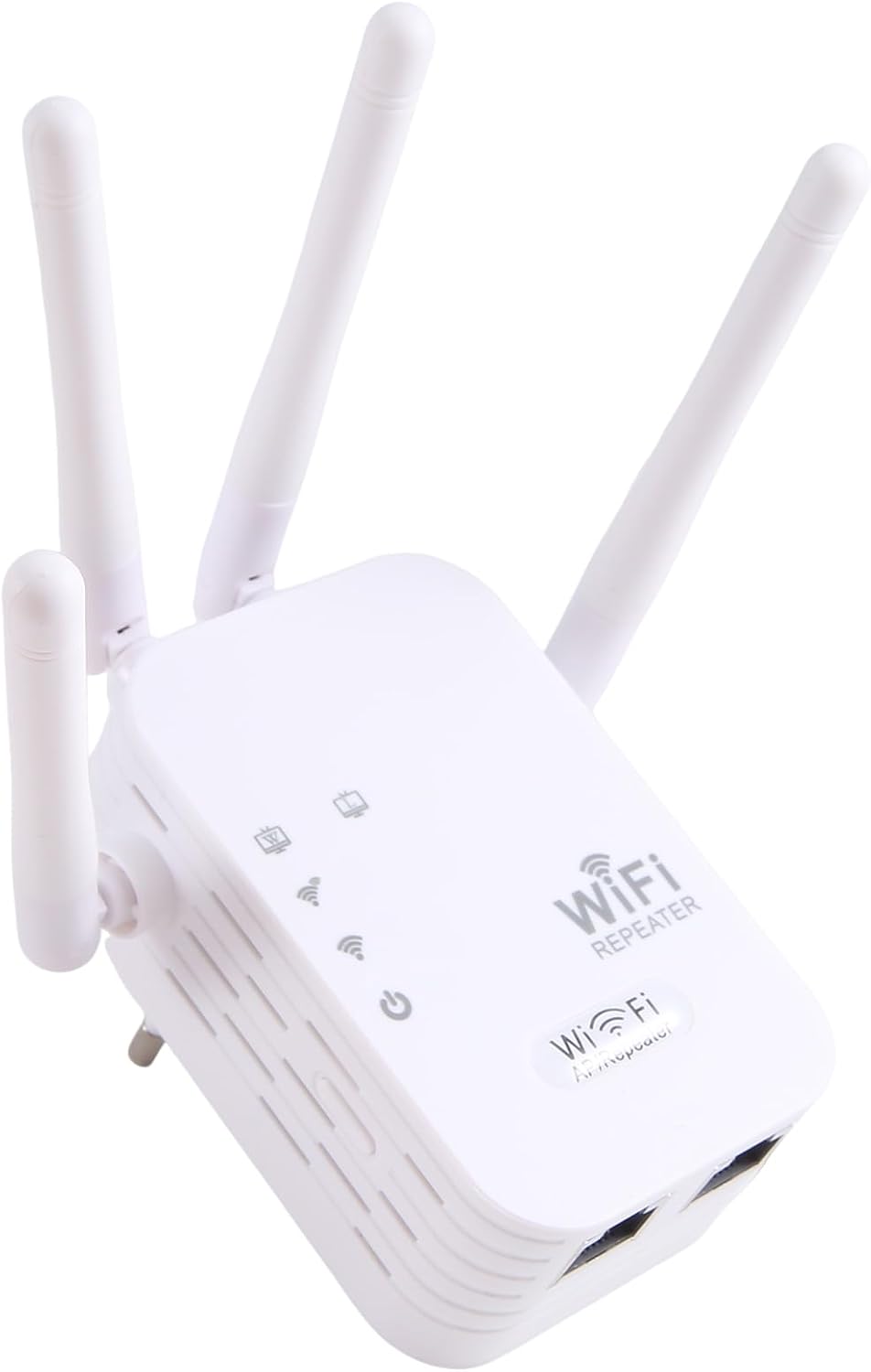 Répéteur WiFi blanc vu en plongée par le dessus, avec deux ports réseau en façade et quatre antennes écartées. 3