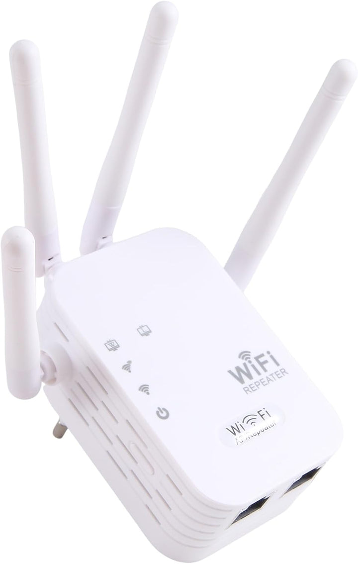 Répéteur WiFi blanc vu en plongée par le dessus, avec deux ports réseau en façade et quatre antennes écartées. 3