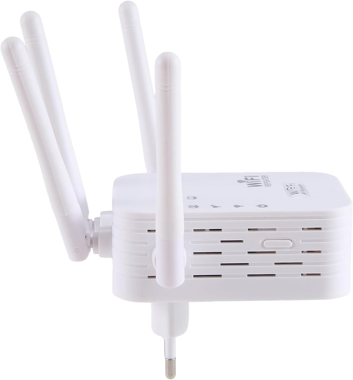 Répéteur WiFi blanc vu de côté, grilles d'aération sur la tranche, fiche secteur dirigée vers le bas et antennes inclinées. 4
