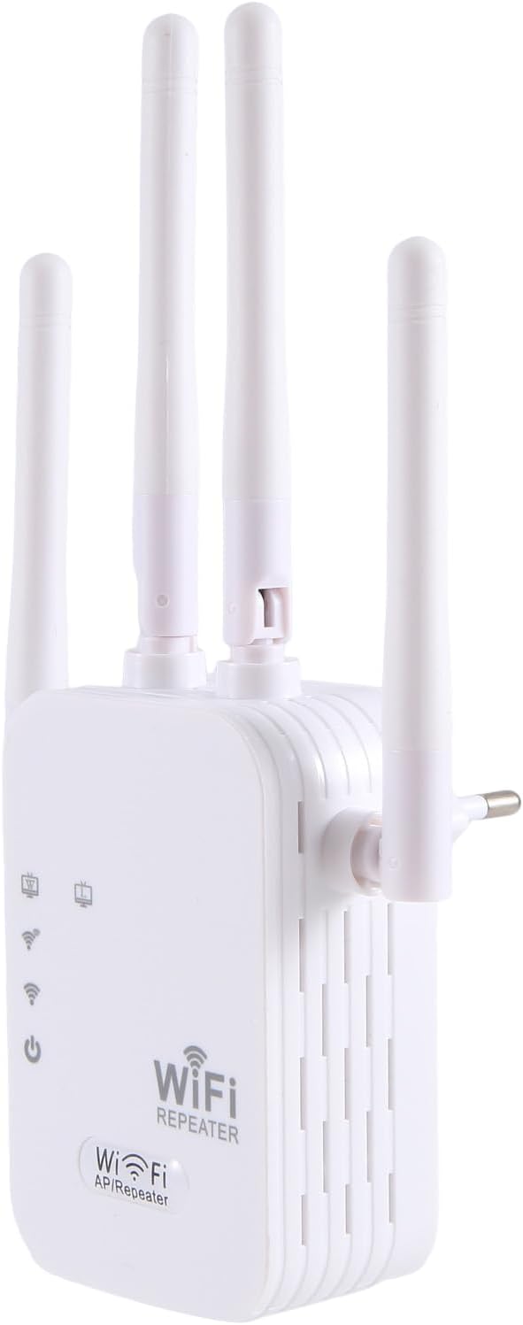 Répéteur WiFi blanc vu de face avec ses voyants, ses quatre antennes dressées et sa fiche secteur sur le côté. 5