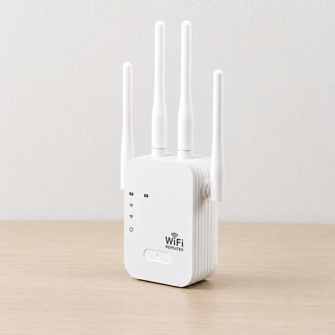 Répéteur WiFi blanc à quatre antennes dressées, posé debout sur une table en bois clair devant un mur uni. 1
