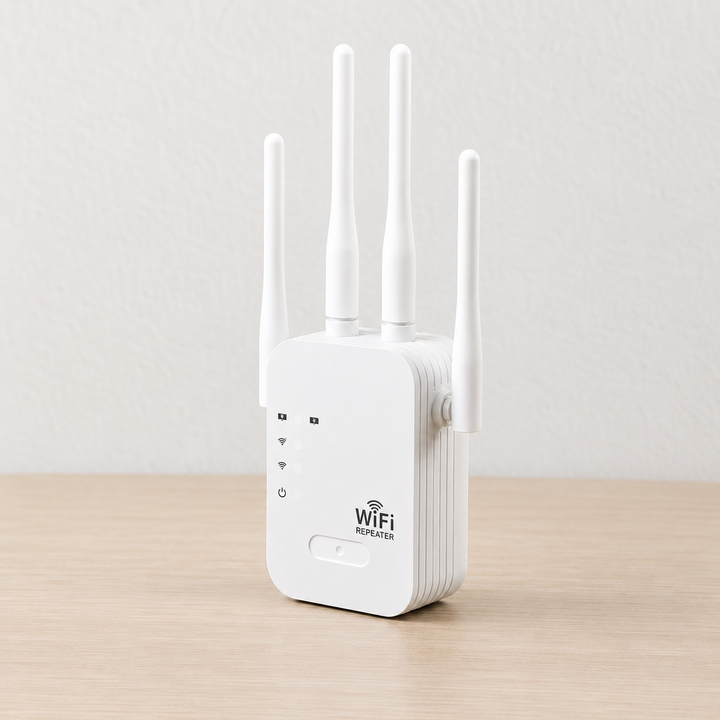 Répéteur WiFi blanc à quatre antennes dressées, posé debout sur une table en bois clair devant un mur uni. 1