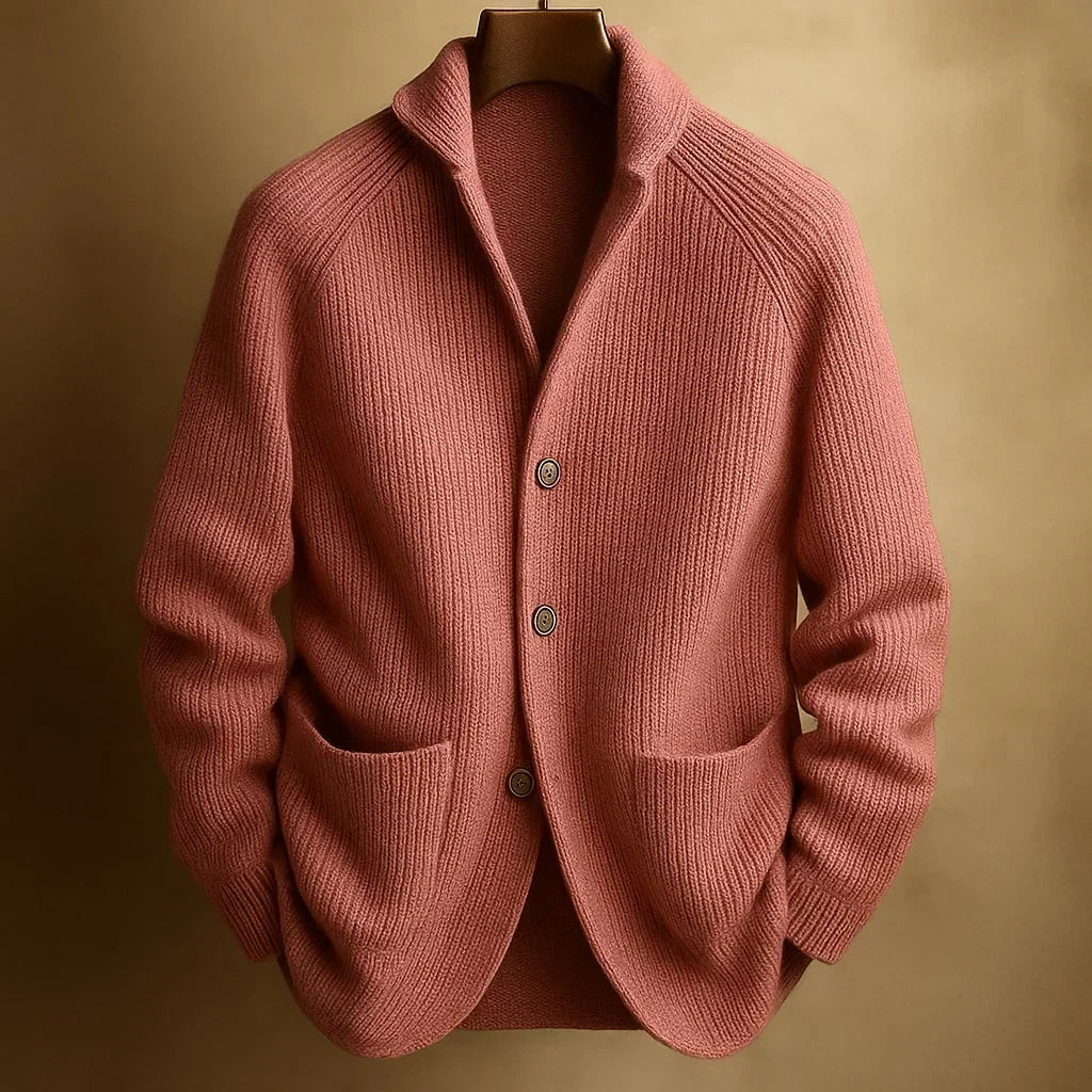 Gilet rose terracotta en maille côtelée à col châle, trois boutons, sur cintre 6