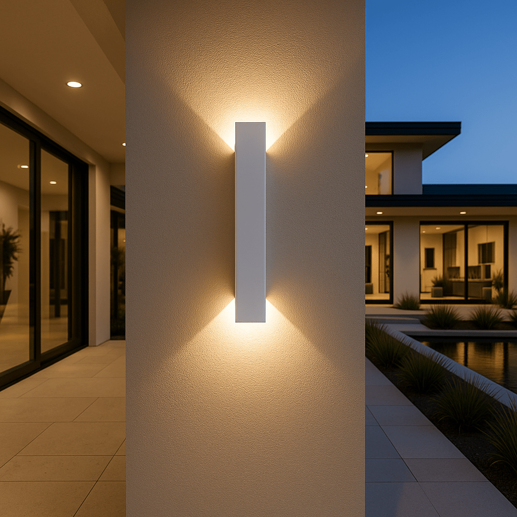 Applique blanche rectangulaire allumée au crépuscule sur un mur texturé, diffusant une lumière chaude vers le haut et le bas, devant une maison moderne. 1
